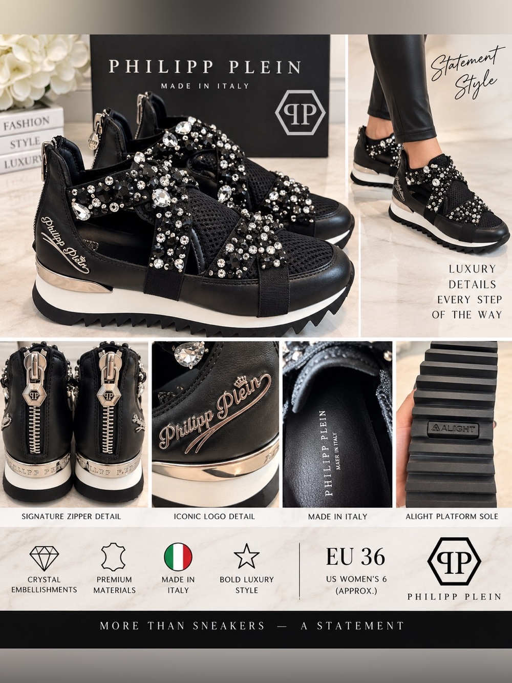 Philipp Plein Crystal Embellished ALIGHT Platform Sneakers Black EU 36